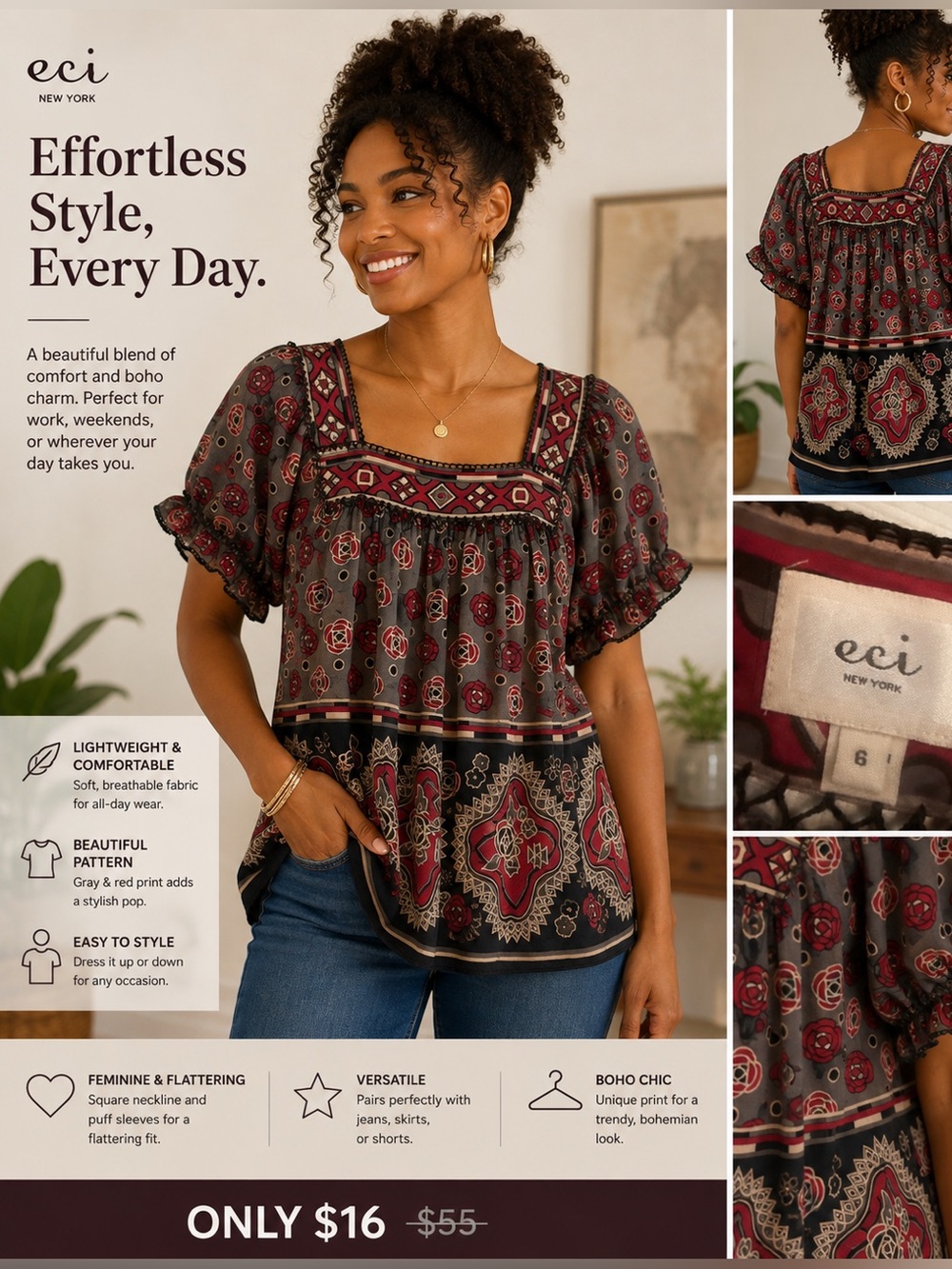 eci New York Gray & Red Patterned Blouse Size 6 - Picture 1 of 4